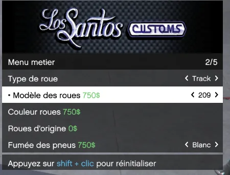 Menu mécano — Shift + clic pour réinitialiser